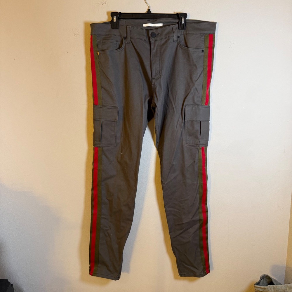 Golden Denim Mens Grey Cargo Pants Red Side Stripe Zipper Ankle Size 38 Made USA